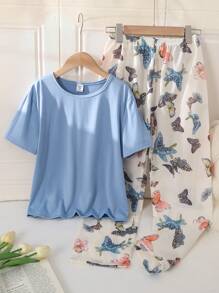 Set Piyama Anak Perempuan Atasan Lengan Pendek Biru dengan Motif Kupu-kupu Warna-warni dan Celana Kasual, Pakaian Rumah yang Nyaman - MultiWarna - View 1