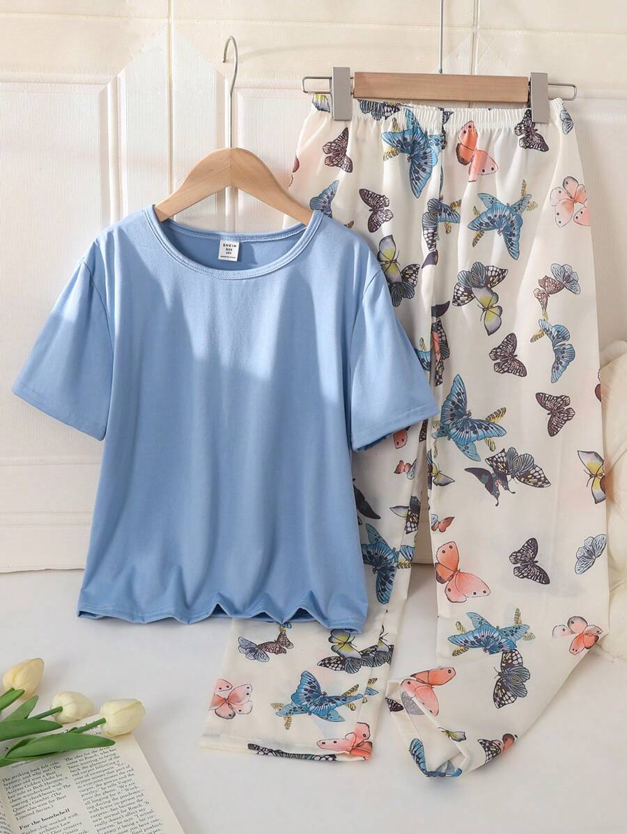 Set Piyama Anak Perempuan Atasan Lengan Pendek Biru dengan Motif Kupu-kupu Warna-warni dan Celana Kasual, Pakaian Rumah yang Nyaman - MultiWarna - View 1