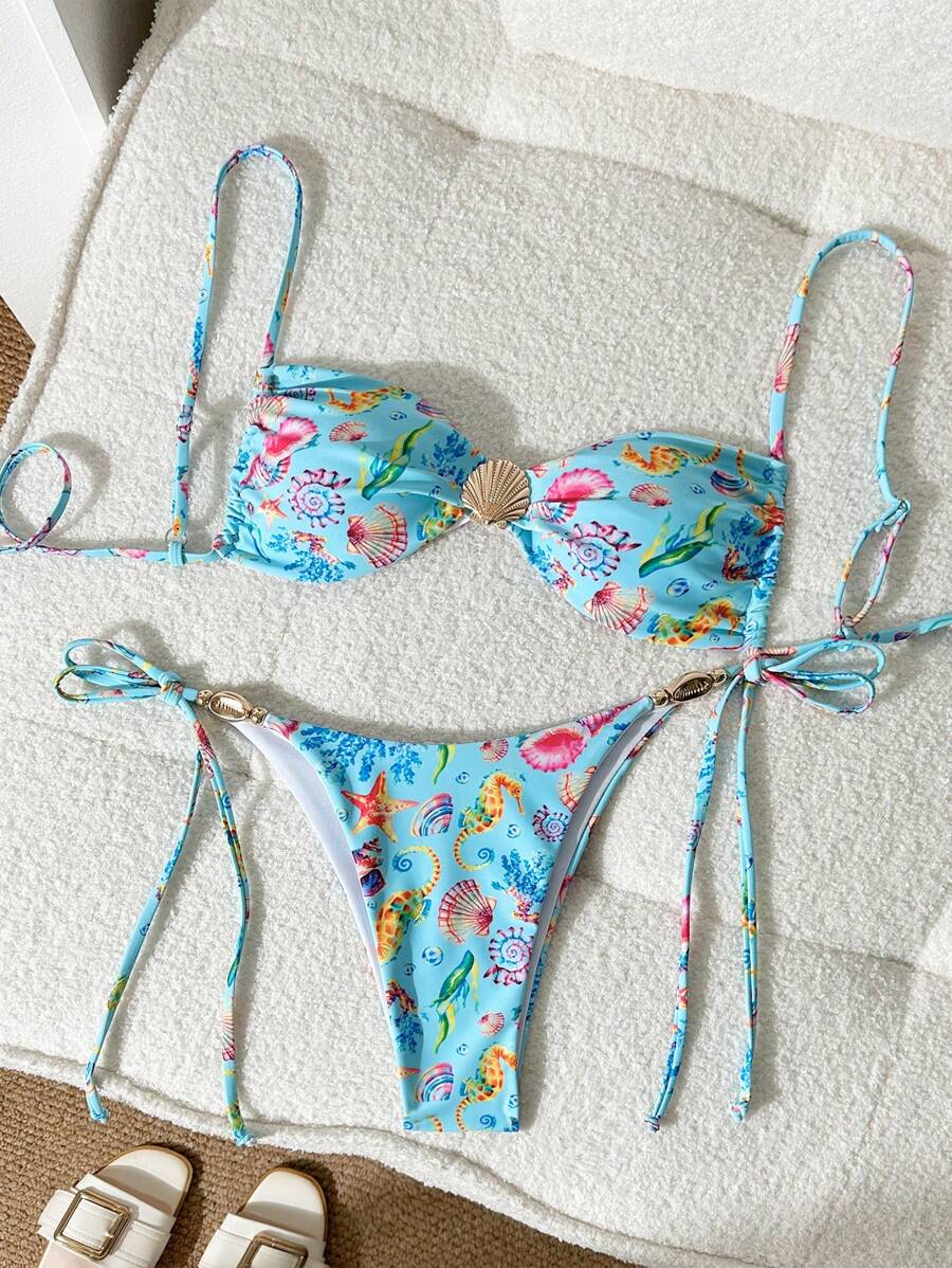 Swim Vcay Solid Color Spaghetti Strap Wireless Seashell Decorated Crop Top & Side Tie Shorts Women Summer Bikini Set Bikini Set