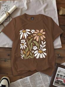 INAWLY Women's Casual Floral Print Slim Fit Short Sleeve T-Shirt Graphic Tees Women Tops - Brown - View 3