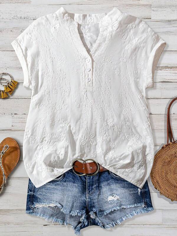 EMERY ROSE Camicia casual a maniche corte con scollo a V e motivo floreale jacquard, camicetta bianca estiva per donna, regalo per la Festa della Mamma