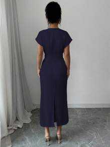 Selianne Vestido con cintura entallada y abertura, de unicolor y estilo elegante francés - Azul Marino - Ver 2