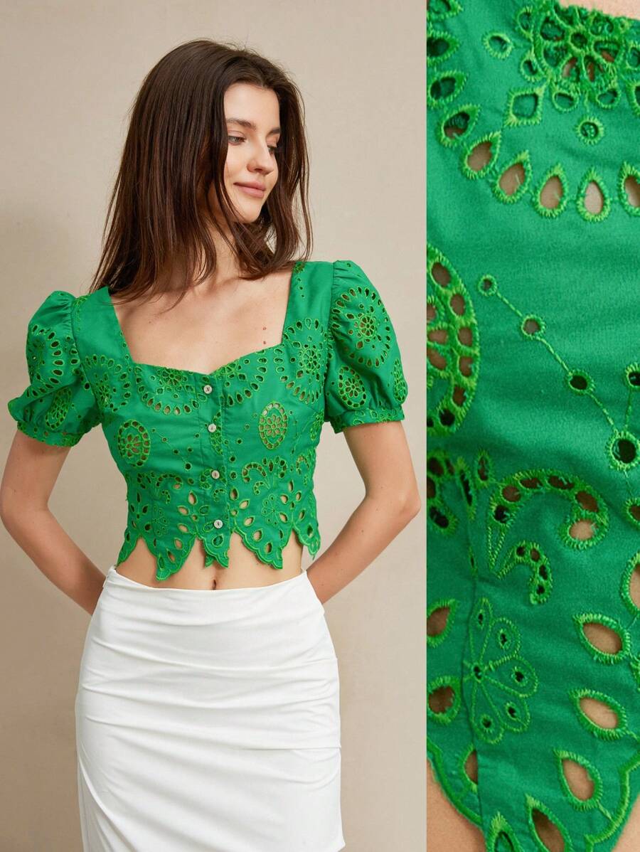 Chiquease Áo cánh tay bồng thêu hở thanh lịch cho kỳ nghỉ với cổ vuông - màu xanh lá - Xem 1