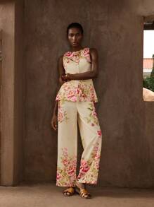 Maija Completo elegante da donna con vestaglia smanicata e pantaloni slim dritti, stampa di peonie, design in vita arricciato, chic per vacanze primavera/estate, feste, vita raccolta