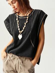 Bohemela Plus Size Casual Loose Solid Color Washed Knit Crew Neck T-Shirt, Summer