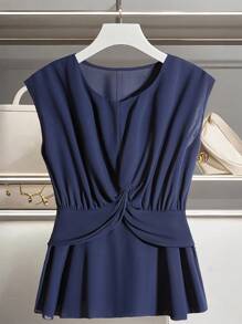 Franclia 法式优雅扭腰无袖蓝色衬衫 - 藏蓝色 - 查看 3