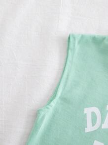 SHEIN Playful Pals Unisex Newborn-1 Year Old Baby "Daddy's Mini" Apricot Sleeveless Hooded Top And Shorts Set, Suitable For All Occasions In Summer - Green - View 7