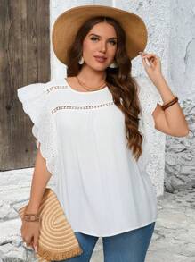 EMERY ROSE Plus Size Women's White Summer Boho Silky Vacation Holiday Embroidered Floral Lace Patchwork Tunic Blouse,Simple Fashionable Casual Everyday Wear - White - View 1