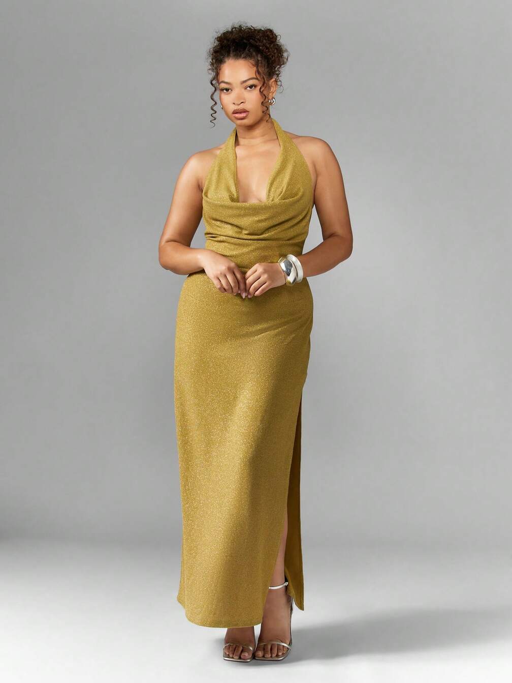 gold metallic dress plus size Dressime Woman's Plus Size Gold Formal Dress Sparkly Sheath One Shoulder  Metallic Long Evening Dress  dressime