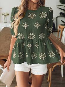 Omancia 法式度假风蝴蝶结镂空短袖上衣 春夏 - 綠色 - 查看 2