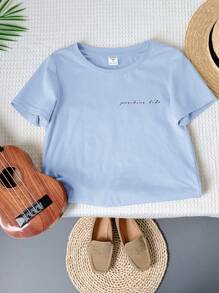 SHEIN Leap Crew Young Boy Vacation Theme Graphic Round Neck Short Sleeve T-Shirt - Blue - View 2