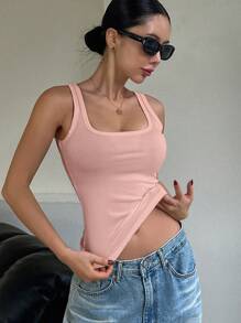 DAZY Women's Solid Color Round Neck Ribbed Fitted Casual Tank Top Preppy Tops - Pink - View 4