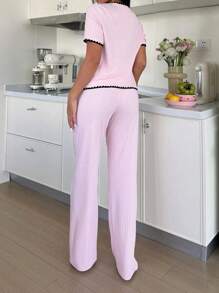 SHEIN Bộ đồ ngủ nữ nơ 3D màu tương phản ngọt ngào, trang phục mặc ở nhà - Hồng - Xem 2