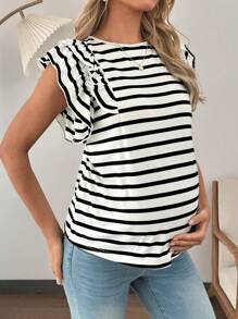SHEIN Camiseta holgada y casual de manga corta y cuello redondo a rayas para embarazadas