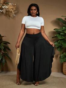 SHEIN CURVE+ Pantaloni larghi asimmetrici di colore tinta unita in taglie comode, Curve Plus, adatto per le vacanze