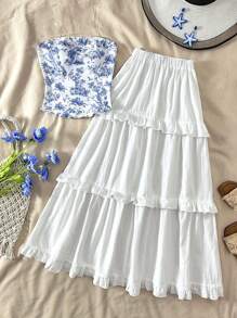 SHEIN 少女蓝白碎花吊带背心，多层荷叶边白色迷你裙，适合休闲、度假、约会、海滩、派对 - 藍白色 - 查看 1