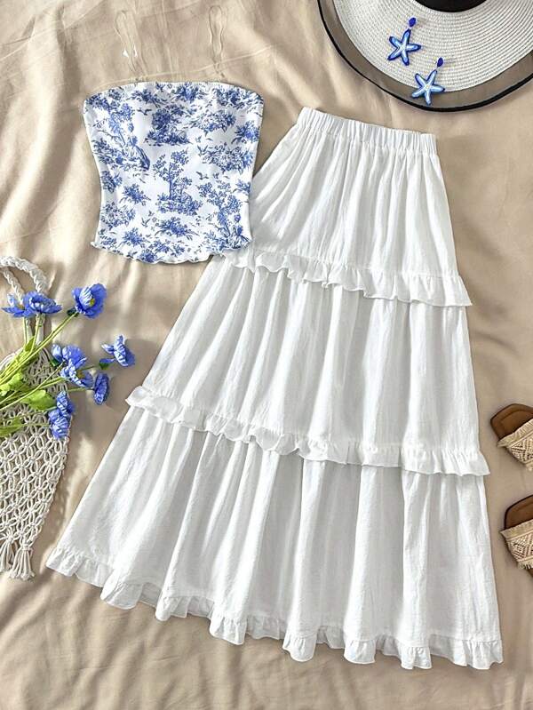 SHEIN Parte superior de tirantes azul y blanco con estampado floral ditsy para chicas adolescentes, falda mini blanca con volantes, adecuado para uso casual, vacaciones, citas, playa, fiestas
