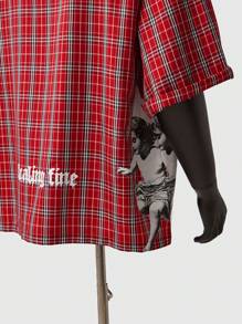 ROMWE MEN Street Life Men's Summer Short Sleeve Shirt, Unique Angel Child English Text Plaid Print Checkered Pattern Design - Red - View 5