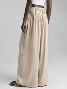 Ontre 2025女夏季纯色褶皱腰宽松阔腿休闲裤，度假风，都市简约，轻松舒适长裤，适合度假，海滩，音乐节，老师 - 卡其色 - 查看 3