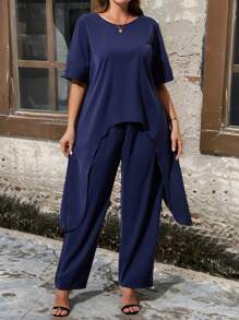 SHEIN Clasi 大码雪纺面料多层不对称交叉叠穿不对称上衣+双层雪纺裤休闲度假通勤两件套 藏青色 夏装套装女 2 件套 女士 - 藏蓝色 - 查看 7