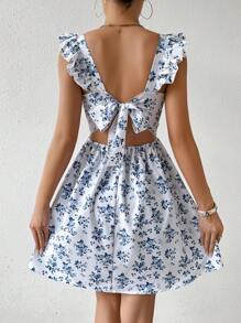 SHEIN PETITE Vestido corto elegante para mujer con escote trasero y lazo para el verano - Azul y blanco - Ver 1