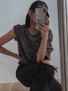 DAZY 女士宽松图案T恤，夏季时尚 - 灰色 - 查看 7