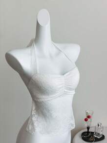 Elamini White Lace Floral Sheer Add-Lined Pleated Backless Halter Tie-Up Camisole, Sexy, Casual, Elegant, Sweet, Minimalist, Holiday Style For Women, Summer