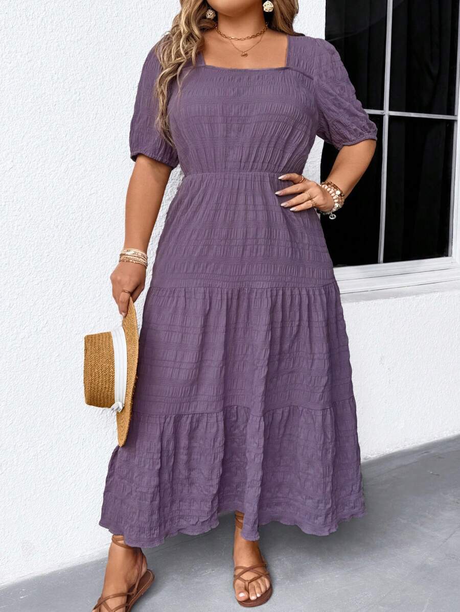 SHEIN Tall 大码女式方领泡泡袖收腰A字连衣裙