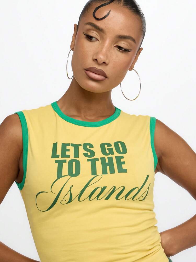 SUMWON WOMEN Top canotta grafica con tema "Avventura all'Isola", abbigliamento da spiaggia estivo, per vacanze in resort, top casual senza maniche in misto