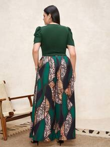 Chikora 2 pezzi di tute da donna taglie forti - top a maniche a palloncino con scollo tondo in colore unito e pantaloni a zampa di leopardo
