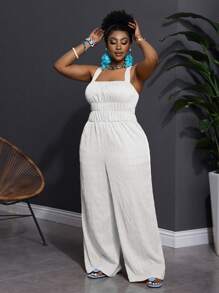 Slaydiva Plus Size Women Solid Color Yellow Sleeveless Jumpsuit With Pockets, Casual Daily Holiday Wear