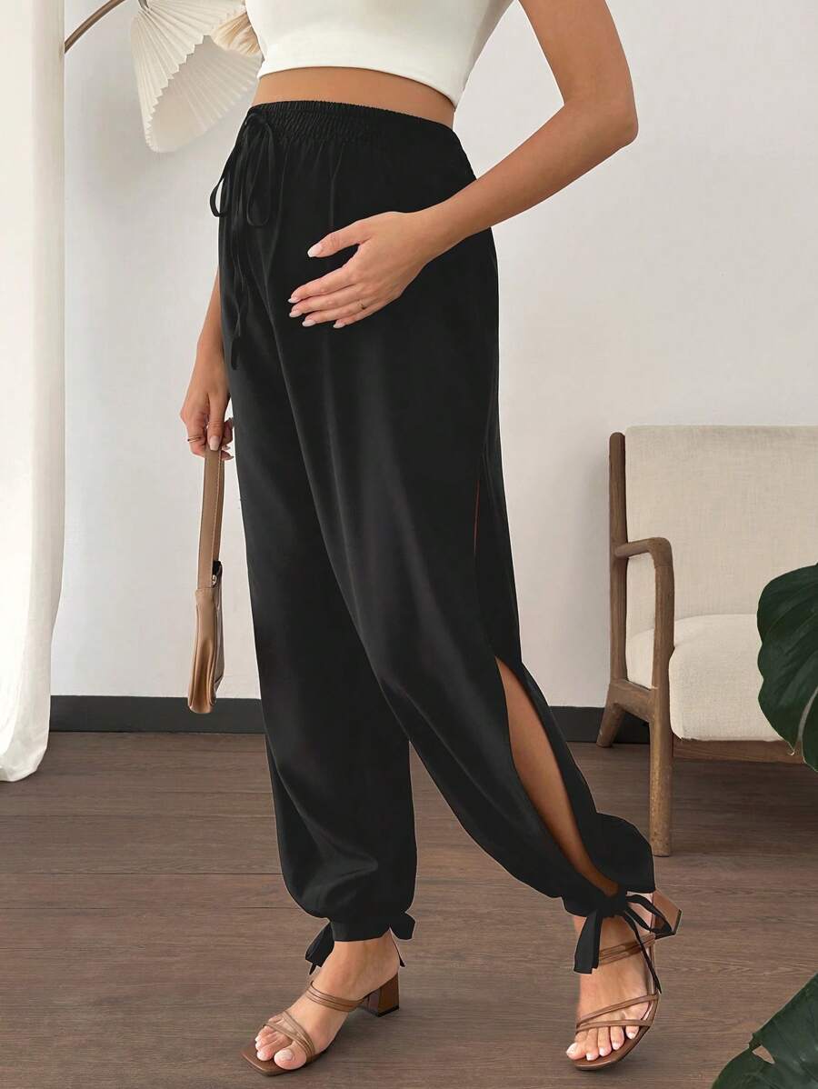 SHEIN Pantaloni de jogger casual de maternitate, de culoare solidă, cu cravată în talie - Negru - Vizualizare 1