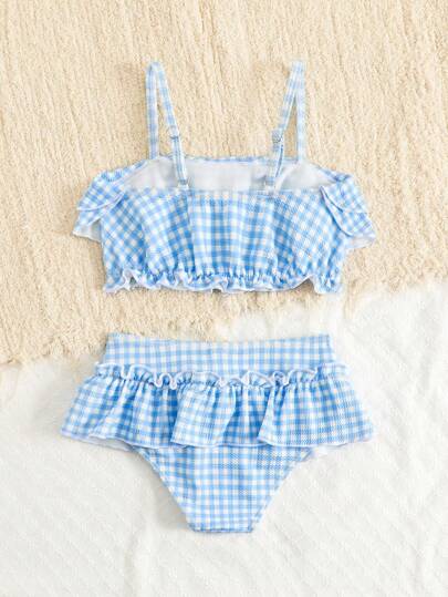 SHEIN Bộ đồ bơi viền bèo nhún vải gingham cho bé gái