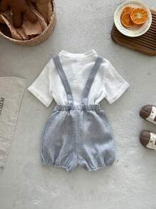 SHEIN 2pcs Set Young Boy Casual Countryside Vintage Gentleman Style Suspender Top And Pants