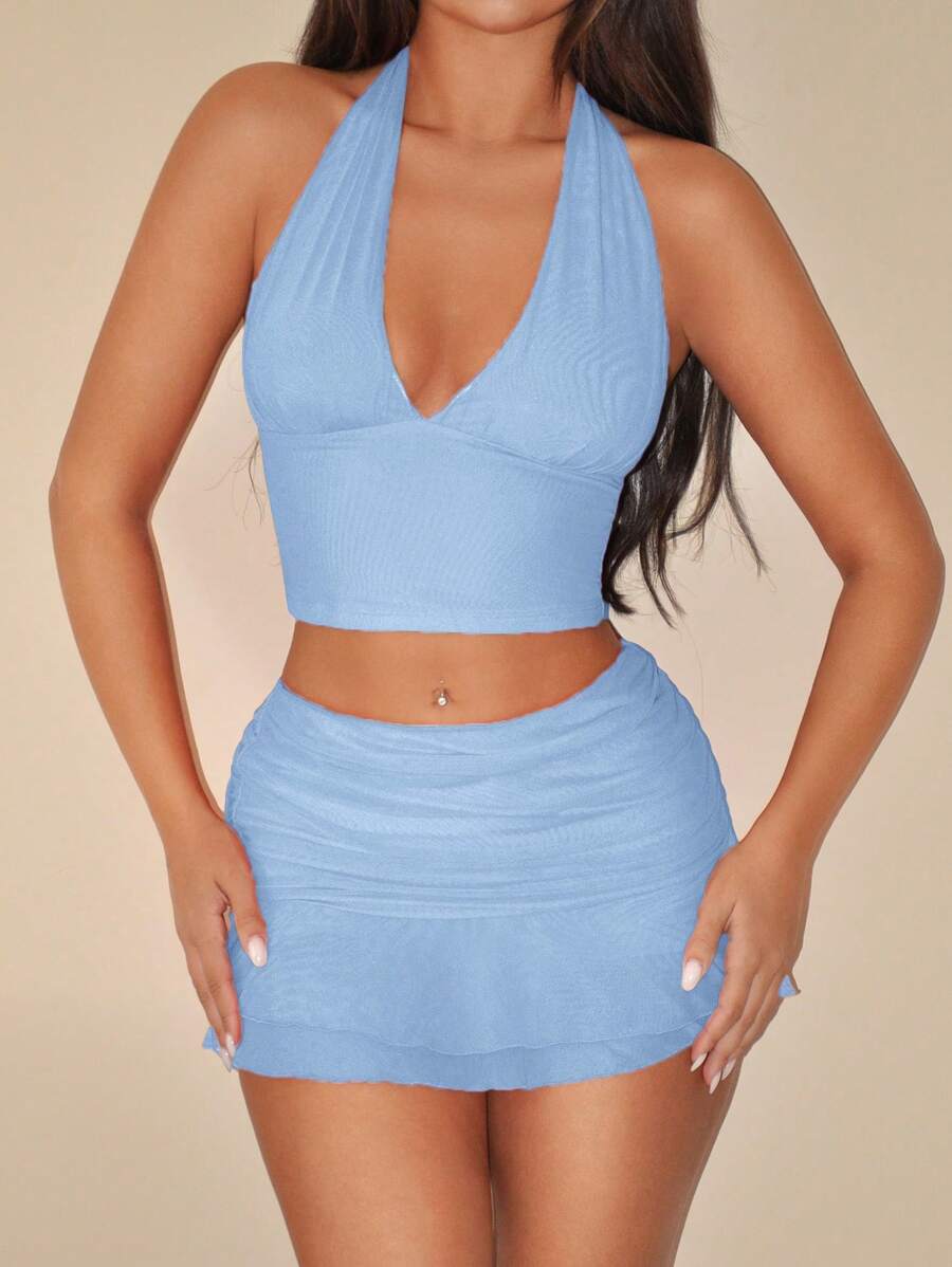 SHEIN ICON 颈挂式背心和不对称网眼褶皱迷你裙套装 - 淺藍色 - 查看 1