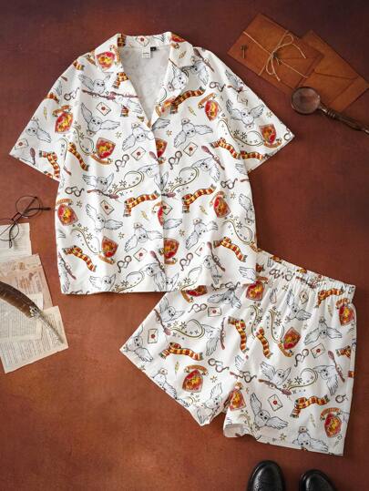 HARRY POTTER X SHEIN 夏季女士睡衣套装拉文克劳居家休闲日常卡通图案