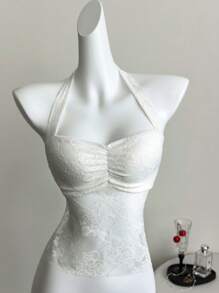 Elamini White Lace Floral Sheer Add-Lined Pleated Backless Halter Tie-Up Camisole, Sexy, Casual, Elegant, Sweet, Minimalist, Holiday Style For Women, Summer