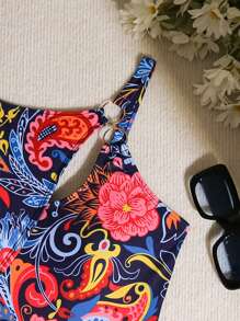 Swim Lushoire Floral Full Print Hollow-Out Swimsuit, Random Print Design - Royal Blue - View 4