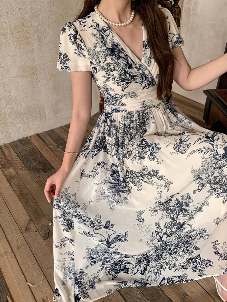Women's Long Floral Print Dress, Suitable For Spring/Summer Vacation Outfits Women Dress Boho