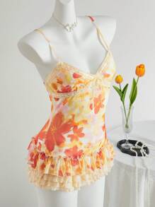 Sweetina Váy mini xếp lớp nơ bèo nhún in hoa - trái cam - Xem 9