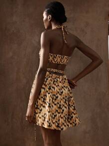 Maija Đầm ngắn nữ in kỹ thuật số màu nâu không tay cổ yếm dệt thắt nơ, eo ôm, khoét lưng khoét sâu, khóa kim loại trang trí áo khoác ngoài - trái cam - Xem 5