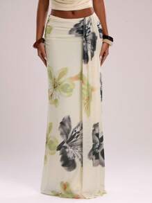 SHEIN BAE Women's Floral Print Maxi Skirt: Beige Knitted Fabric With Zipper Detail And High Slit - Beige - View 6