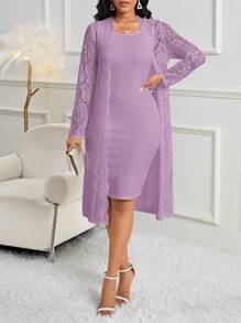 SHEIN Lady Vestidos largos de punto con encaje blancos elegantes de talla grande para otoño e invierno, conjuntos de talla grande