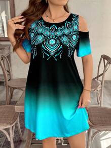 SHEIN LUNE Đầm hở vai thanh lịch họa tiết ombre cỡ lớn thoải mái thường ngày, trang phục phương Tây - Màu xanh bạc hà - Xem 6