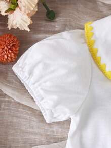 SHEIN Baby Girls White And Yellow Strawberry Embroidery Short Sleeve Dress,Cute Family Matching Summer Outfits - White - View 7