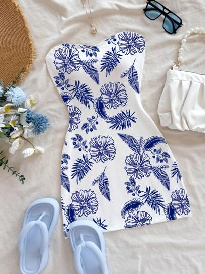 Soleia Vestido Mini de Férias com Bandeau e Estampa Floral Feminino