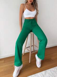 EURMUSE 100%Cotton High Waist Straight Leg Jeans - Green - View 1