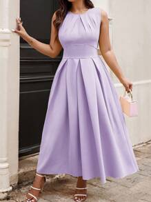 SHEIN Clasi Plus Size Solid Color Round Neck Pleated Casual Summer Dress Maxi Women Outfit - Mauve Purple - View 1