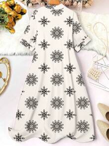 SHEIN LUNE 女式宽松纽扣短袖衬衫裙，印花图案，适合夏季长款女装