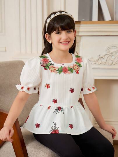 SHEIN Tween Girl' 条纹短袖衬衫披肩休闲衬衫